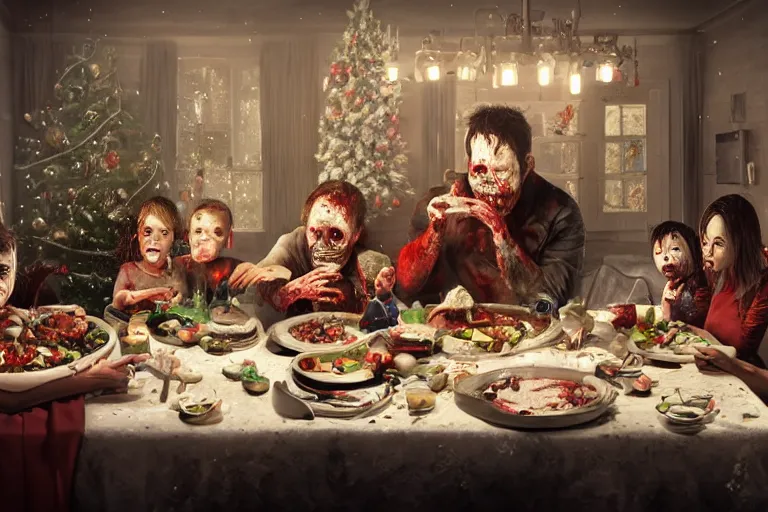 Image similar to a zombie family christmas dinner by ross tan, hyper realistic, ambient lighting, concept art, intricate, hyper detailed, smooth, dynamic volumetric lighting, octane, cinematic