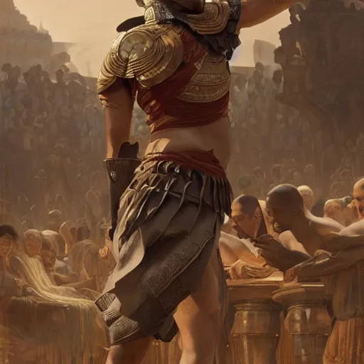 Image similar to julius Ceasar showing thumb down during gladiator fight, intricate, elegant, highly detailed, digital painting, artstation, concept art, smooth, sharp, focus, illustration, art by artgerm and greg rutkowski and alphonse mucha