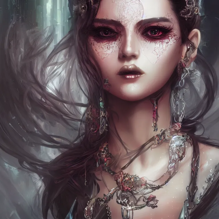 Prompt: oriental fantasy fashion girl portrait, flirtatious eyes, cyberpunk, glossy eyes and face, long hair, fantasy, intricate, androgynous, highly detailed, digital painting, artstation, concept art, smooth, sharp focus, illustration