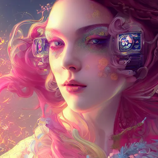 Prompt: Beautiful rococo victorian princess, cyberpunk vaporwave glitchwave art, 4k digital illustration by artgerm, wlop, Andrei Riabovitchev, Marc Simonetti, yoshitaka Amano, middle close up composition, artstation, 8k resolution, soft focus