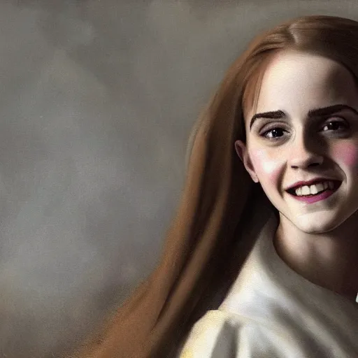 Prompt: Painting of Emma Watson as Hermione Granger. Smiling. Happy. Cheerful. Art by Vermeer. Extreme close up. Extremely detailed. Beautiful. 4K. Award winning.