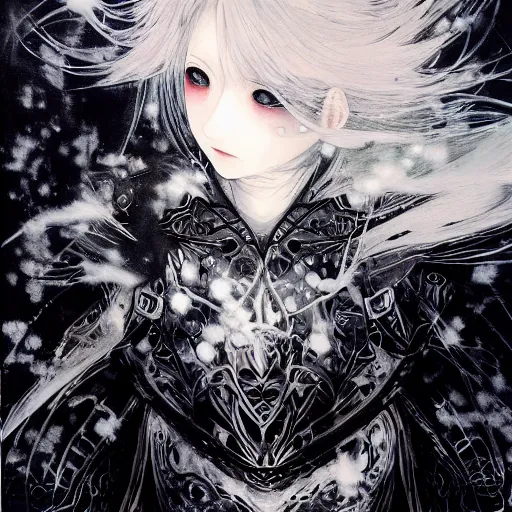 Prompt: Yoshitaka Amano blurred and dreamy illustration of an anime girl with wavy white hair and cracks on her face wearing Elden ring armour with the cape fluttering in the wind, abstract black and white patterns on the background, noisy film grain effect, highly detailed, Renaissance oil painting, weird portrait angle