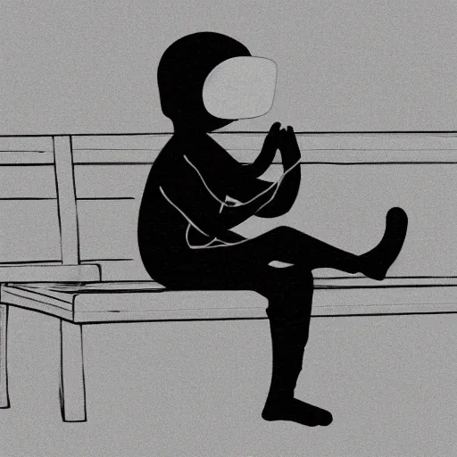 Image similar to a ninja with headphones sitting on a bench, high detail, black and white
