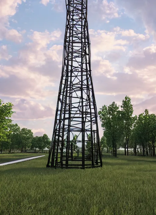 Image similar to highly detailed realistic architecture 3 d render of a stele shukhov tower with rouble inside standing in a city park, archdaily, made in unreal engine 4 octane render