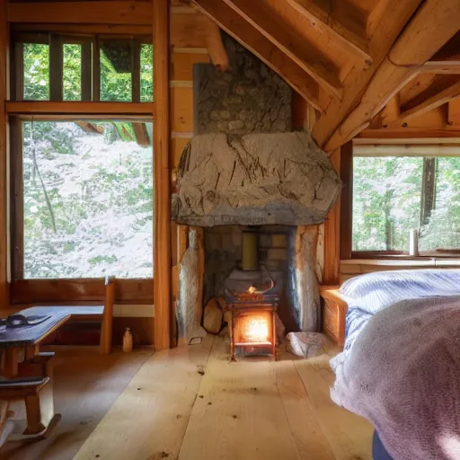 Image similar to photo of the interior of a cozy cabin with french and english and japanese influence and forest theme