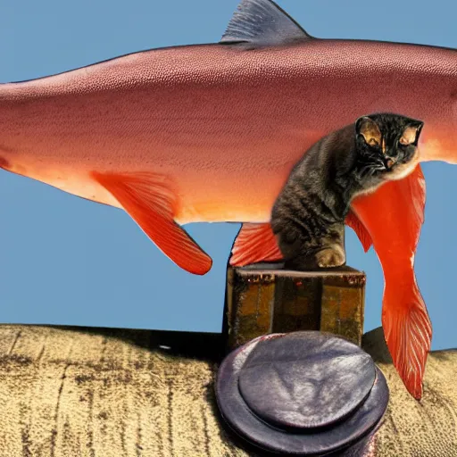 Prompt: a photograph of a salmon on top of a cat with a saddle