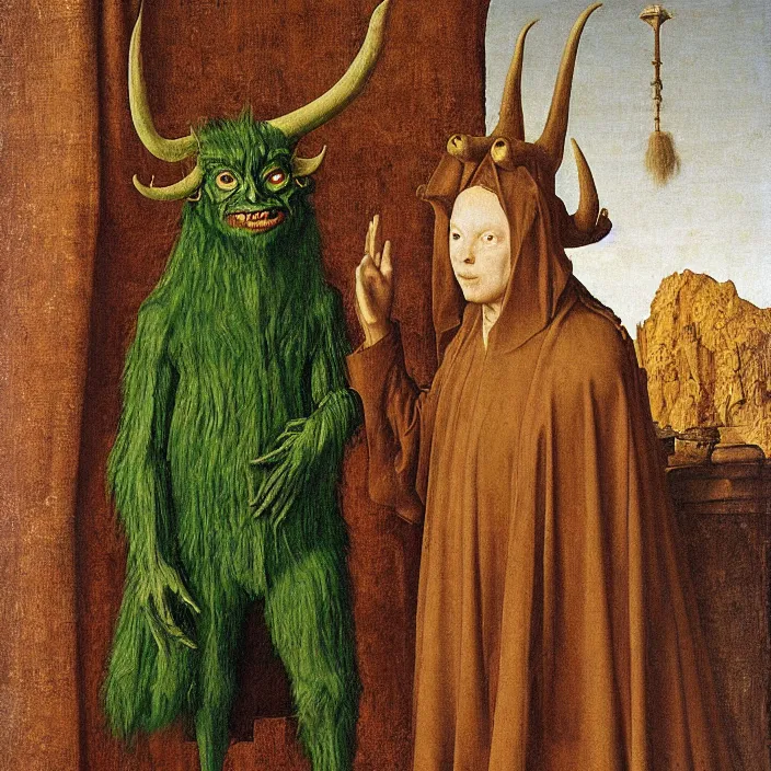 Image similar to a green-horned goblin monster, standing next to veiled figure, by Jan van Eyck