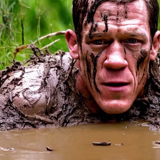 Image similar to film still of john cena as major dutch, covered in mud, hiding from the predator a few feet away from him in swamp scene in 1 9 8 7 movie predator, hd, 8 k