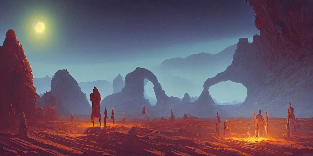 Image similar to the cult of pluto, a highly detailed cinematic oil painting by roger dean and alena aenami, hooded figures, dynamic lighting