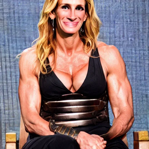 Image similar to first photos of 2 0 2 4 female 3 0 0 remake - muscular julia roberts as leonidas, put on 1 0 0 pounds of muscle, looks different, steroids, hgh, ( eos 5 ds r, iso 1 0 0, f / 8, 1 / 1 2 5, 8 4 mm, postprocessed, crisp face, facial features )