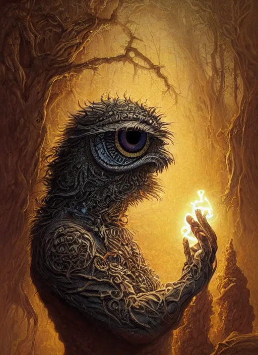 Image similar to cookie monster glowing eyes, shamanic poster lsd art, intricate, elegant, highly detailed, centered, digital painting, artstation, concept art, smooth, sharp focus, illustration, artgerm, tomasz alen kopera, peter mohrbacher, donato giancola, joseph christian leyendecker, wlop, frank frazetta