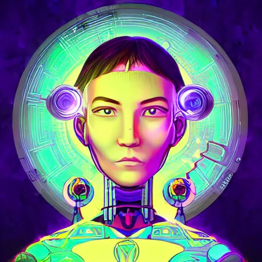 Image similar to portrait of a future metaverse cyborg tech shaman warrior, 2D cartoon, flat cartoony, visionary art, symmetric, Magick symbols, holy halo, shipi bo patterns, sci-fi