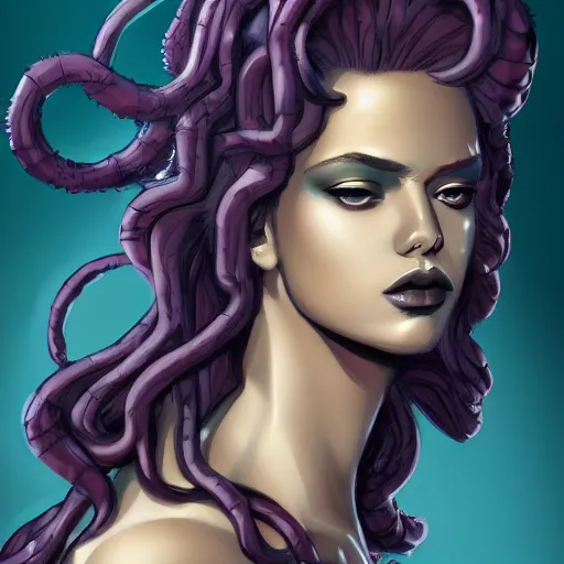 Image similar to medusa painting, comic style, seductive, dynamic lighting, artstation, detailed, blurred background