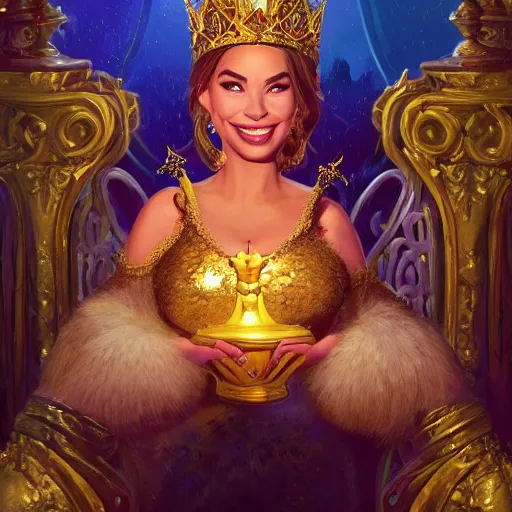 Image similar to Portrait of Sofia Vergara as the Golden Queen wearing a majestic crown, luxurious scene, mattepainting concept Blizzard pixar maya engine on stylized background splash comics global illumination lighting artstation lois van baarle, ilya kuvshinov, rossdraws