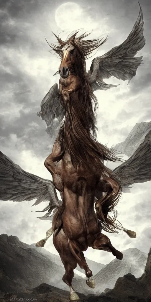 Prompt: a winged horse standing on mountaintop, wings spreading, flowing mane, d&d, hyper realistic, fantasy, illustration