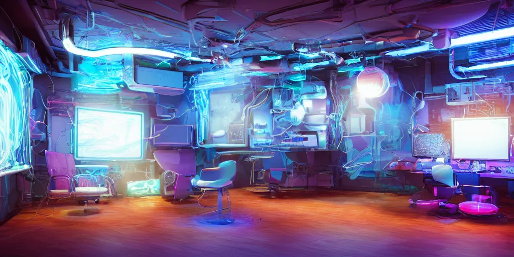 Image similar to a photorealistic futuristic 3D room with four walls covered with glowing CRT computer monitors embedded into the wall surrounded by fuzzy pipe cleaners, Trending on artstation, cinematic lighting from the right, hyper realism, octane render, 8k, depth of field, 3D