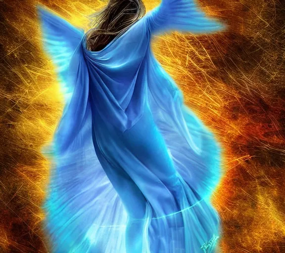 Prompt: beautiful astonishing mystical creature with beautiful body shape wearing a magic blue blanket and flying through the air, digital art