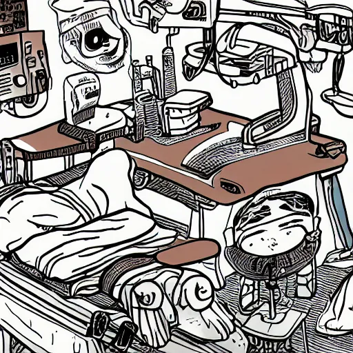 Image similar to chinese surgery operating table, in the style of daniel johnston and outsider art, 8k, line brush, overlaid with chinese adverts