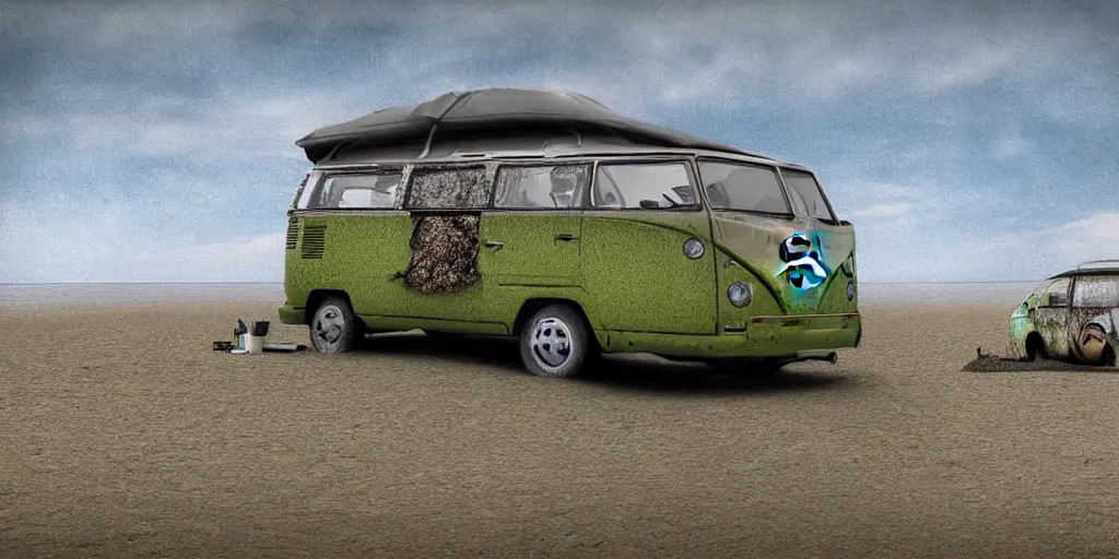 Image similar to dessert where a vw campervan is sinking in the sand and covered with moss corroding ,digital art, high detail, hyper realistic,