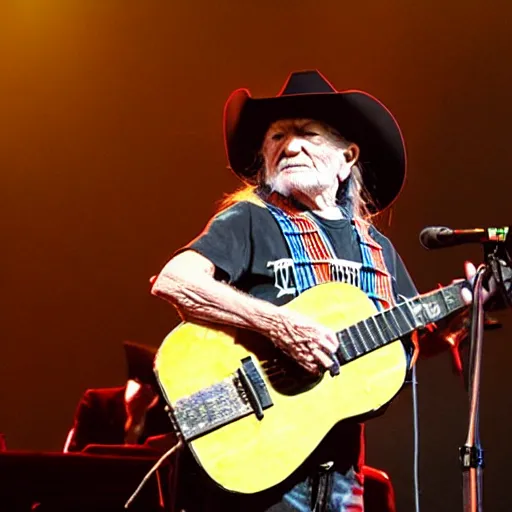 Image similar to willie nelson on stage, guitar. god rays through fog.