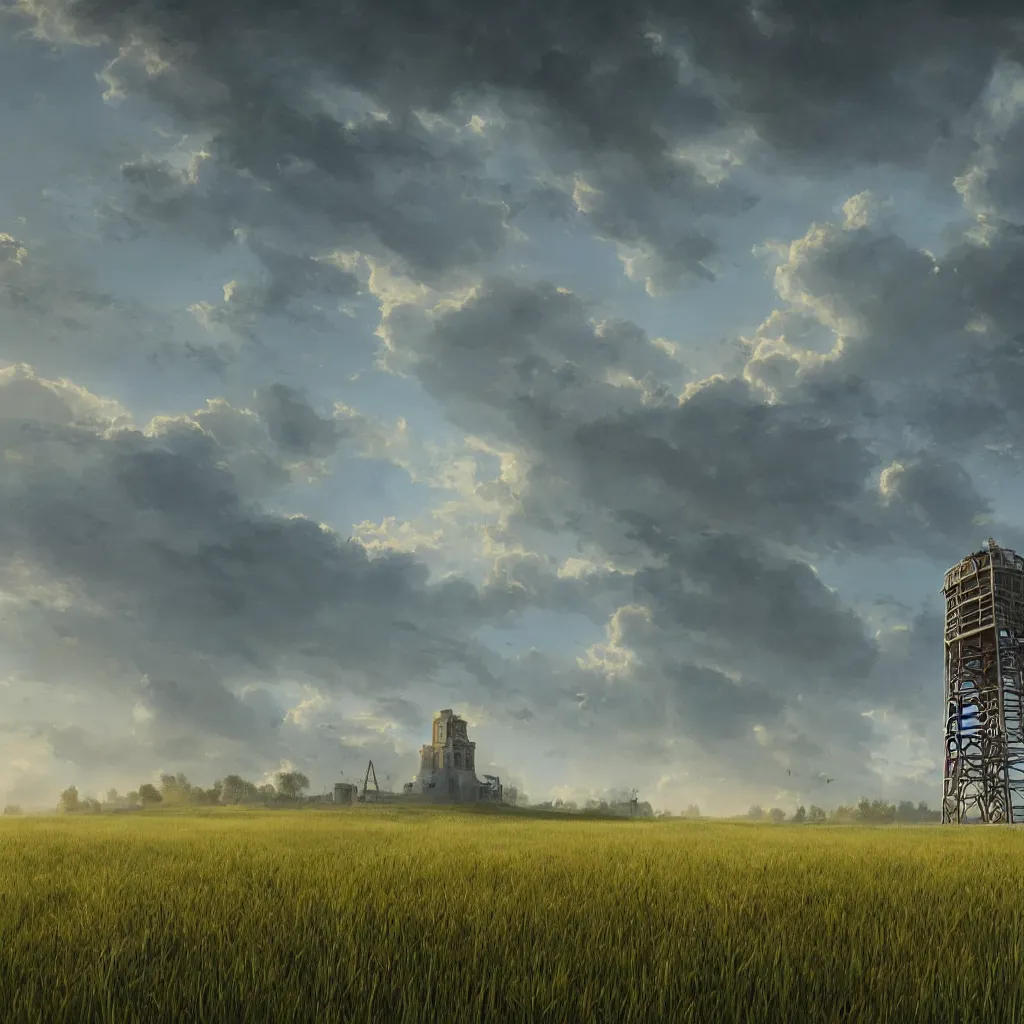 Prompt: a tower in the middle of a field with an artist studio on the top of the tower with green grass and nothing else around in an epic painting, unreal engine, station dramatic lighting