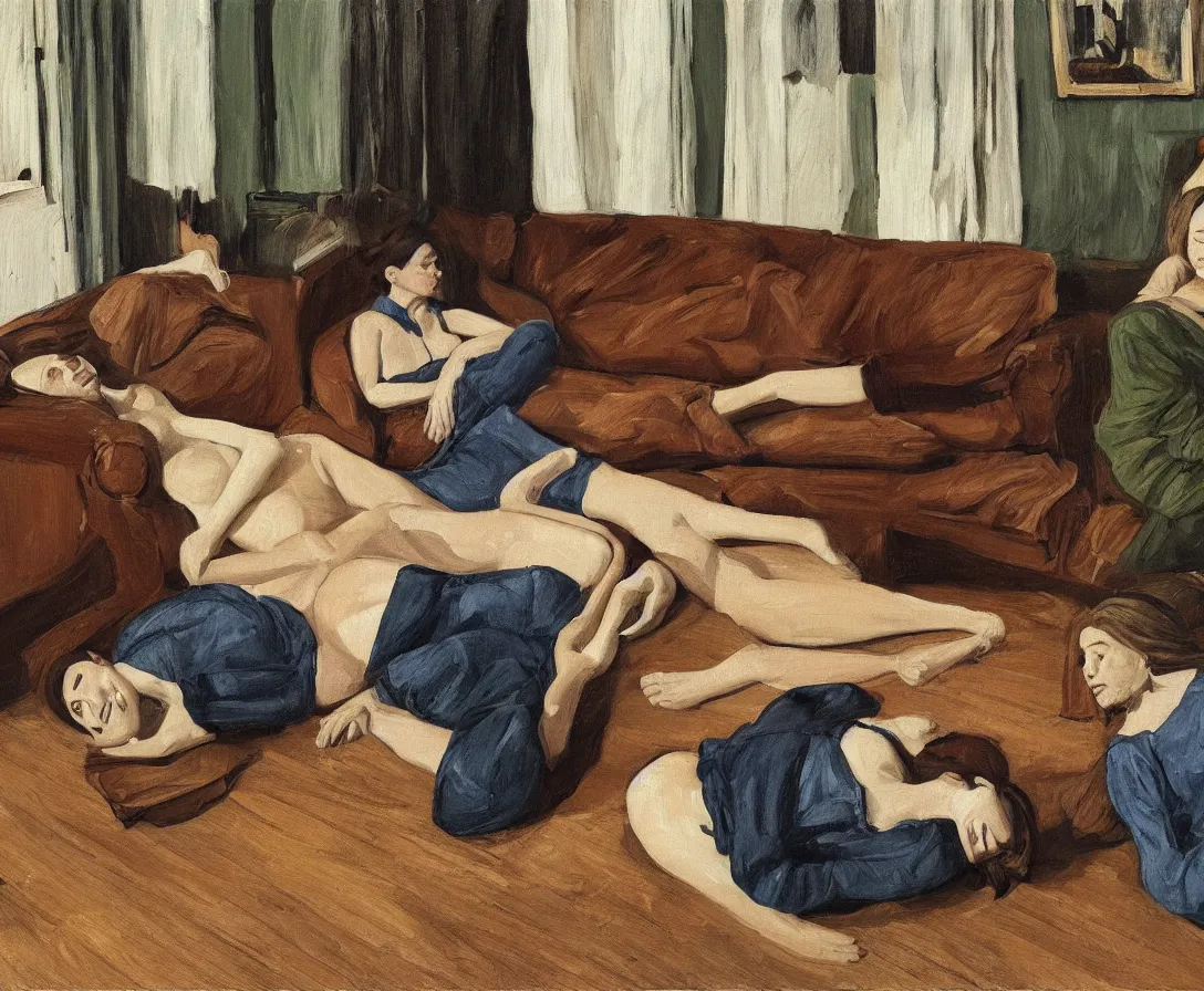 Image similar to portrait of two women lying horizontal, in an empty old english apartment with wooden floor on a brown leather sofa. one is wearing a dark blue sweather, the other a white shirt. brown hair, they are looking into the camera. wide shot. in the style of lucien freud. oil painting. green mood. isometric perspective