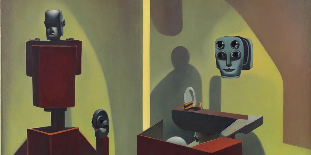 Image similar to evil mastermind robot portrait, grant wood, pj crook, edward hopper, oil on canvas