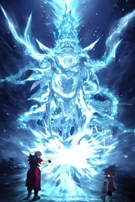 Image similar to cover art of mage summoning a ice golem, ufotable anime style, epic background