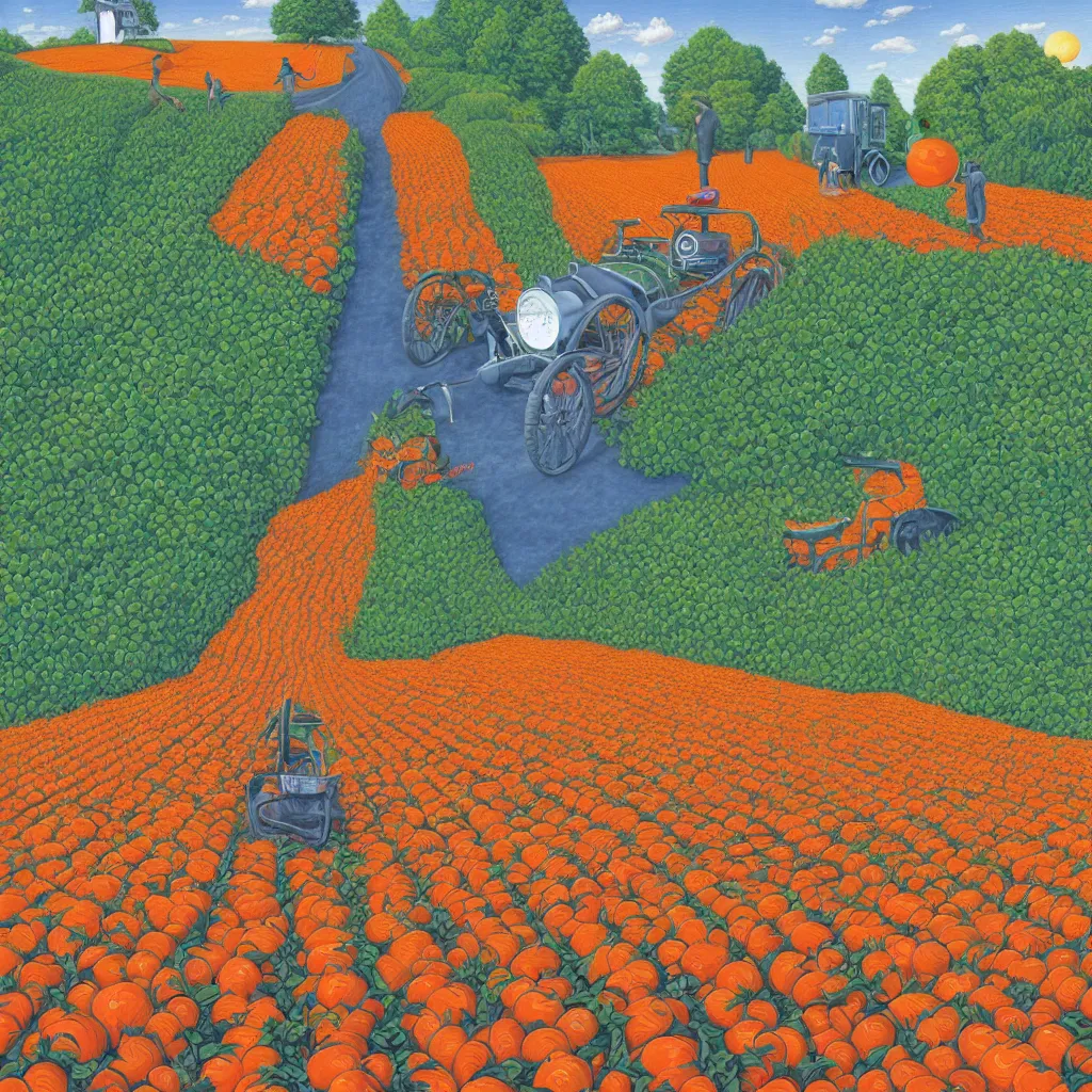 Image similar to a orange strawberry field seen by far in a car riding by, by Rob Gonsalves