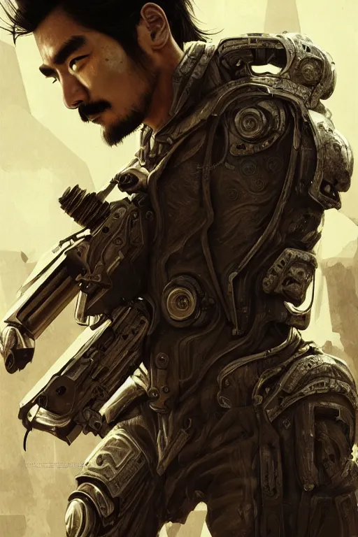 Prompt: ultra realistic style illustration, handsome alluring nasa artificial human in an apocalyptic ancient wasteland, face of takeshi kaneshiro and figure, cyberpunk, sci - fi, fantasy, intricate, elegant, highly detailed, digital painting, artstation, concept art, smooth, sharp focus, illustration, art by mansik yang and rashed alakroka and erak note and wlop