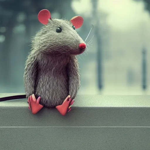 Prompt: anthropomorphic rat, octane render, 3 d, sad, lonely, moody lighting, wearing a fur coat, in the rain, at night, sitting on a park bench