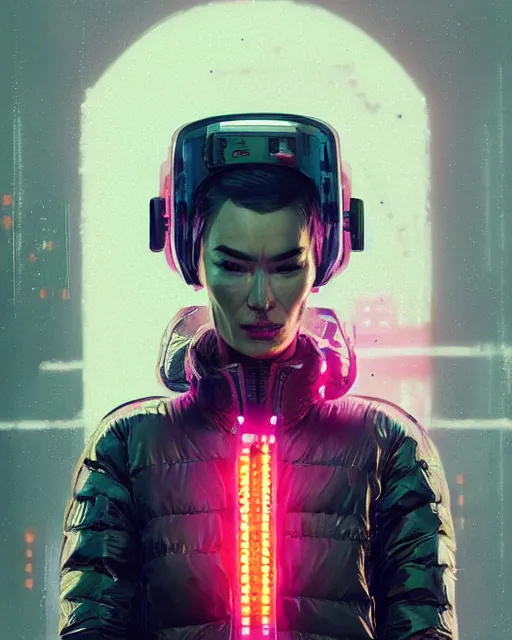 Image similar to neon operator, lena headey, cyberpunk futuristic neon, reflective puffer jacket, decorated with traditional japanese ornaments by ismail inceoglu dragan bibin hans thoma greg rutkowski alexandros pyromallis nekro rene maritte illustrated, perfect face, fine details, realistic shaded, fine - face, pretty face