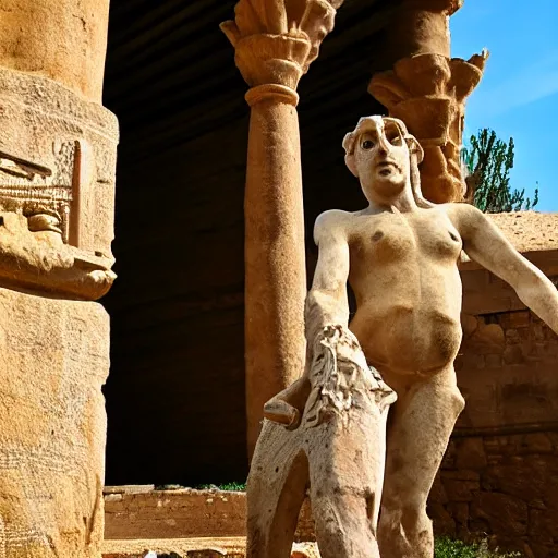 Image similar to a goblin with blonde long hair visiting Valle dei Templi, Agrigento, Italy