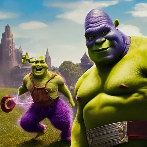 Prompt: Shrek fighting Thanos, trending on artstation, masterpiece, epic fight, establishing shot, oil on canvas