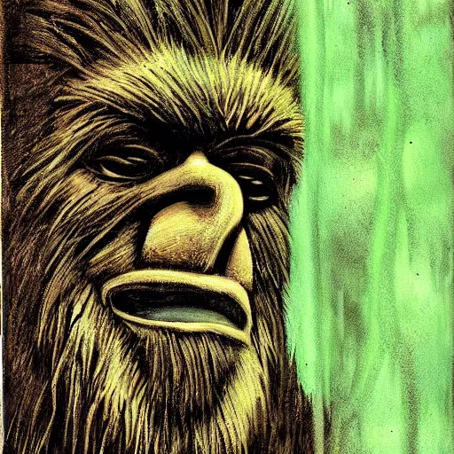 Image similar to portrait of bigfoot in the woods artwork by ben templesmith