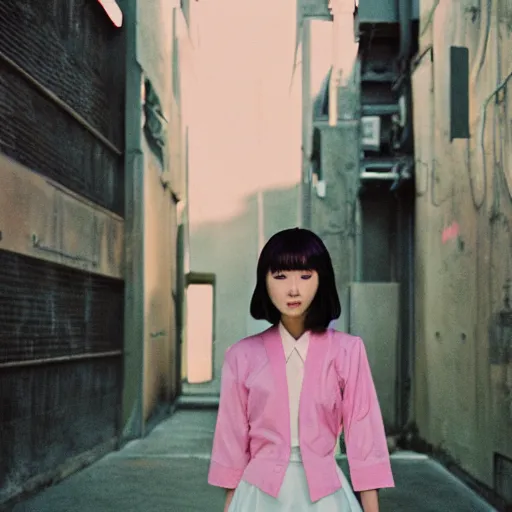 Image similar to a perfect 8K HD professional photo of close-up japanese schoolgirl posing in sci-fi dystopian alleyway, at instagram, Behance, Adobe Lightroom, with instagram filters, taken with polaroid kodak portra