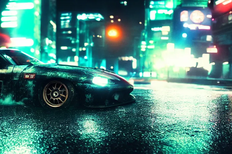 prompthunt: tokyo drift fast and furious film still, racing on wet city  street at night, hyper detailed, forza, smooth, need for speed, high  contrast, volumetric lighting, synthwave, octane, george miller, jim lee