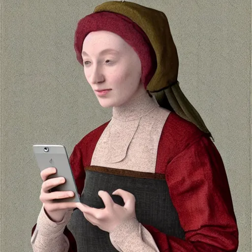 Prompt: 1 4 th century woman!!!! with an iphone in her hand, 4 k, 8 k, photorealistic imagery