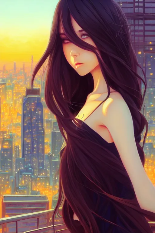 Image similar to a beautiful girl with long dark hair, city background, intricate, highly detailed, digital painting, artstation, official media, anime key visual, concept art, rich vivid colors, ambient lighting, sharp focus, illustration, art by Artgerm, Makoto Shinkai, Ilya Kuvshinov, Lois Van Baarle, and Rossdraws