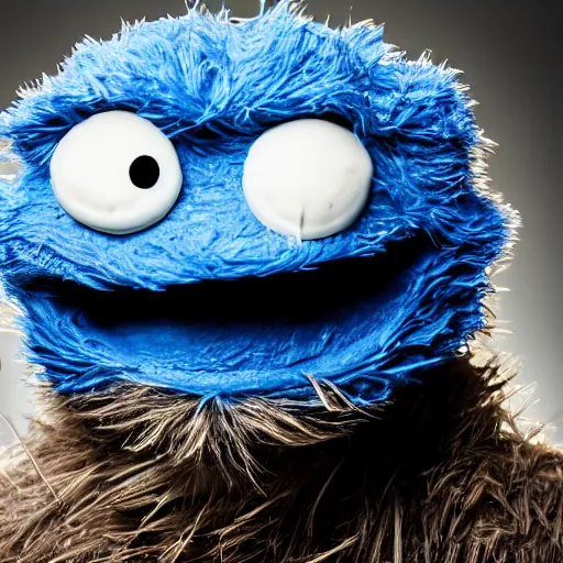 Image similar to meth head cookie monster, 4 k, high detail, high - resolution photograph, professional photography, ultra - detail