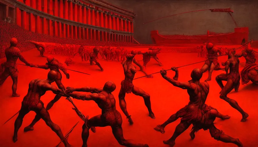 Image similar to only with red, gladiator battle in a crowded roman amphitheatre, crowd cheering, in the style of beksinski and edward hopper and rodcenko and yue minjun and cory loftis, intricate and epic composition, red by caravaggio, highly detailed, masterpiece, red light, artstation, art nouveau