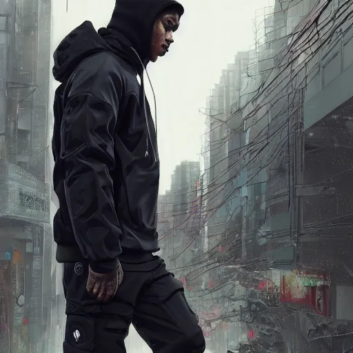 Image similar to A broad shouldered, muscular man wearing Acronym p-31 Ds pants and J1W-GTPL jacket and Nike Acronym presto sneakers, Police sirens shining in far background, trending on r/techwearclothing, high quality, digital art, dirty cyberpunk city, rain, greg rutkowski