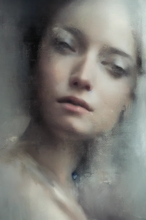 Image similar to detailed cinematic moody colors studio portrait of the memories of a lady in bed, high quality by jeremy mann, only one head single portrait