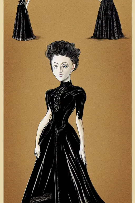 Prompt: Pretty victorian woman in a black shiny dress, fullbody portrait, character concept art