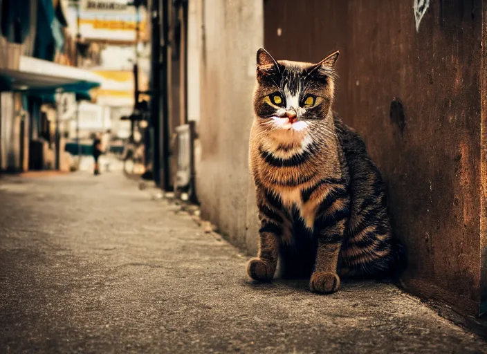 Image similar to photography of a Cat sitting on a box. in a cyberpunk street, award winning photo, colors, 100mm, sharp, high res