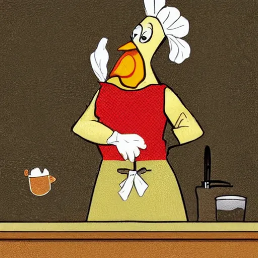 Image similar to fan art of an anthropomorphized hen with a worried expression, wearing an apron, pointing to the kitchen sink