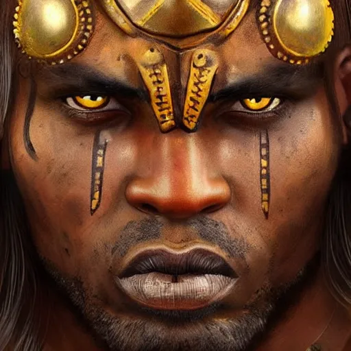 Prompt: Ogun with large iron spears, he has tribal face markings and war paint, bronze-brown skin with masculine features like strong jaw line prominent brow and menacing look, wearing golden and jeweled adornments, medium shot digital illustration trending on artstation by artgerm and raphaelite, face by wlop