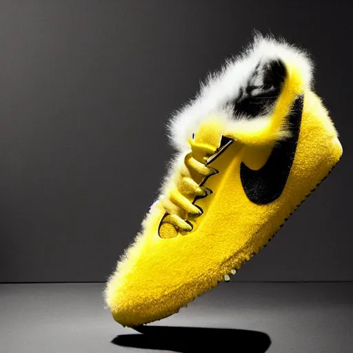 Image similar to nike model shoe made of very fluffy yellow and black faux fur placed on reflective surface, sonic colors professional advertising, overhead lighting, heavy detail, realistic by nate vanhook, mark miner