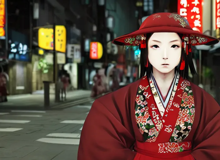 Image similar to himiko priestess kimono night tokyo street 4 k ultra realistic beautiful eyes epic lighting high detail masterpiece