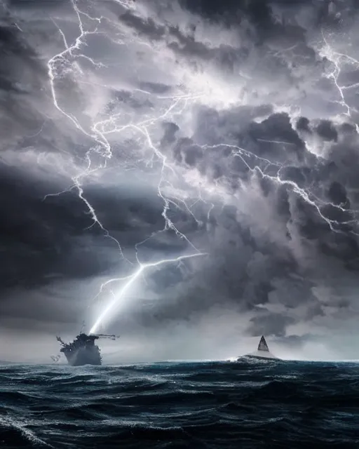 Prompt: a fishing boat on stormy seas, a gigantic star destroyer spaceship flying overhead, the star destroyer spaceship is emerging from storm clouds, stormy weather, lightning, dusk hour lighting, dramatic lighting, unreal engine, hyper realism, realistic shading, cinematic composition, realistic render, octane render, detailed textures, photorealistic, ultrawide shot, 1 6 mm lens